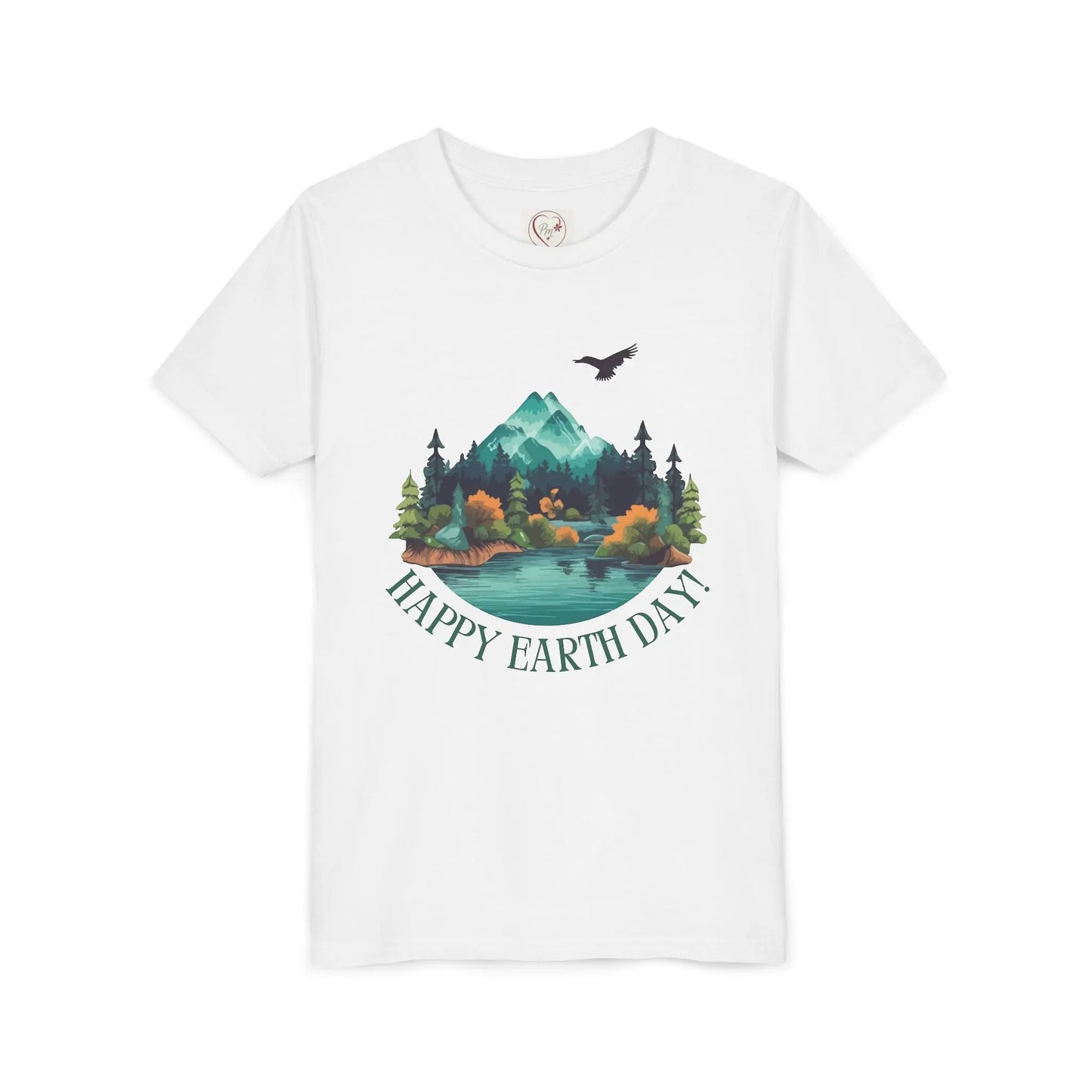 Soft cotton youth tee with mountain lake woodland scene and Happy Earth Day message. Perfect for nature-loving kids. Sizes S-XL.
White