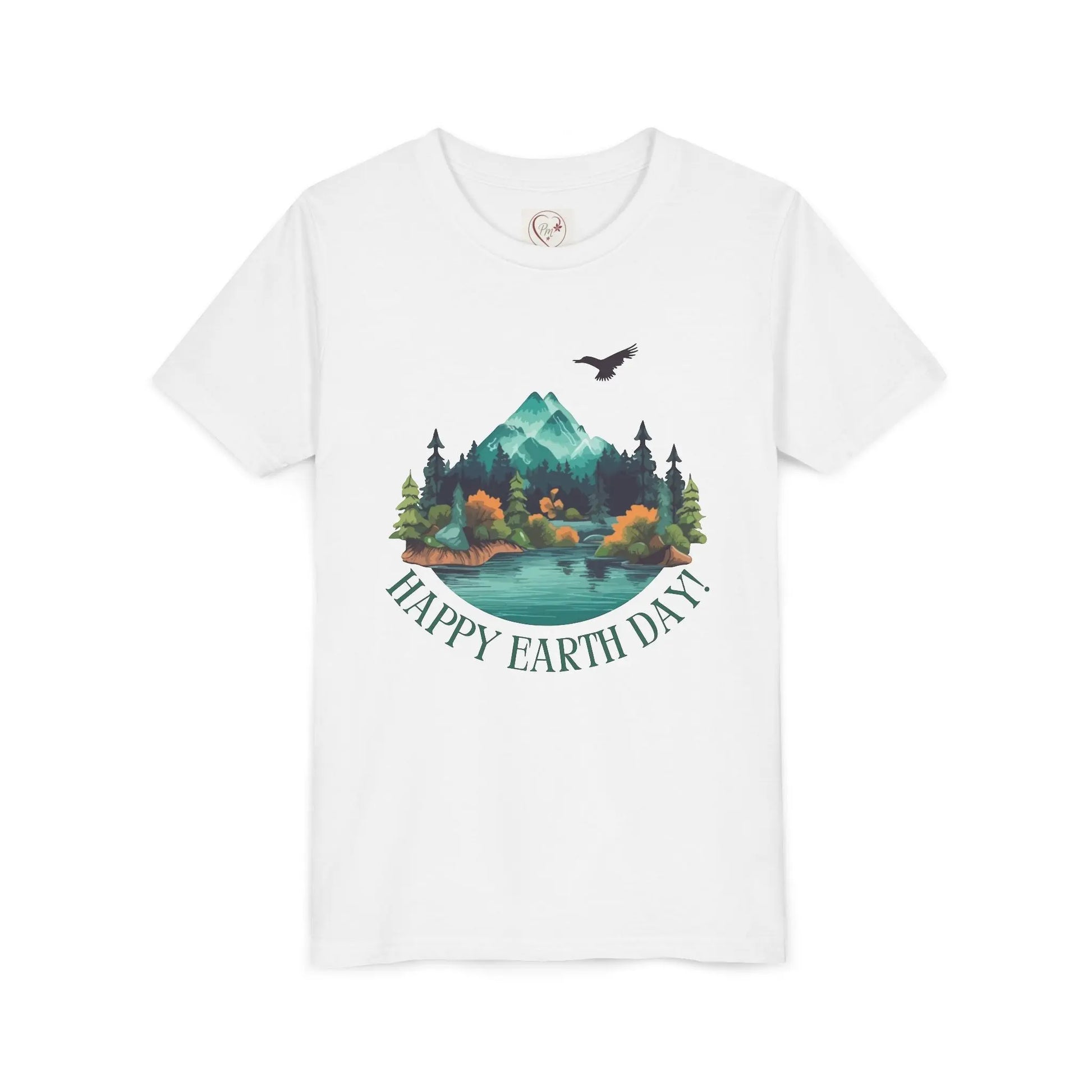 Soft cotton youth tee with mountain lake woodland scene and Happy Earth Day message. Perfect for nature-loving kids. Sizes S-XL.
White