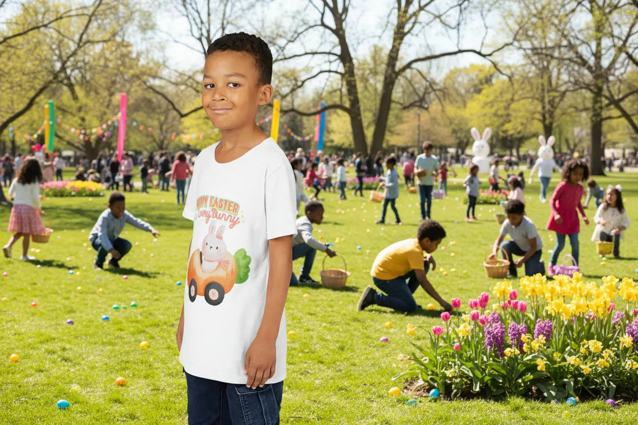  Youth wearing a Youth soft_lightweight_Easter_tee_featuring_an_adorable_bunny_with_carrot._Perfect_for_egg_hunts_family_photos_spring_celebrations._Comfortable_fit_for_active_kids._PM_Creation 25, White 