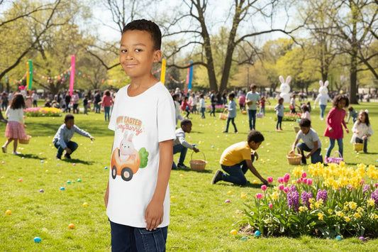  Youth wearing a Youth soft_lightweight_Easter_tee_featuring_an_adorable_bunny_with_carrot._Perfect_for_egg_hunts_family_photos_spring_celebrations._Comfortable_fit_for_active_kids._PM_Creation 25, White 