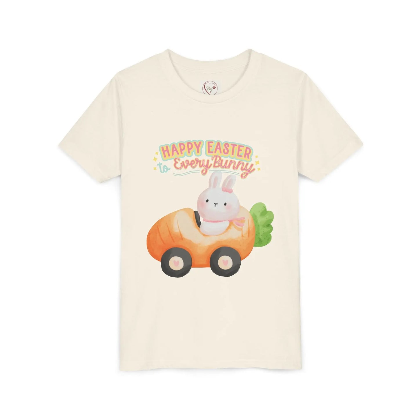  Adorable Easter tee with bunny riding a carrot car. Soft, lightweight cotton perfect for egg hunts & spring celebrations. Whimsical pastel design kids, Natural