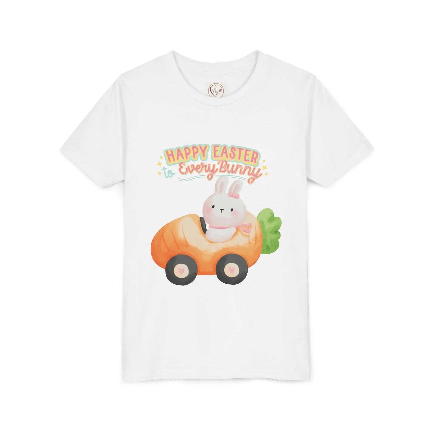  Adorable Easter tee with bunny riding a carrot car. Soft, lightweight cotton perfect for egg hunts & spring celebrations. Whimsical pastel design kids, White