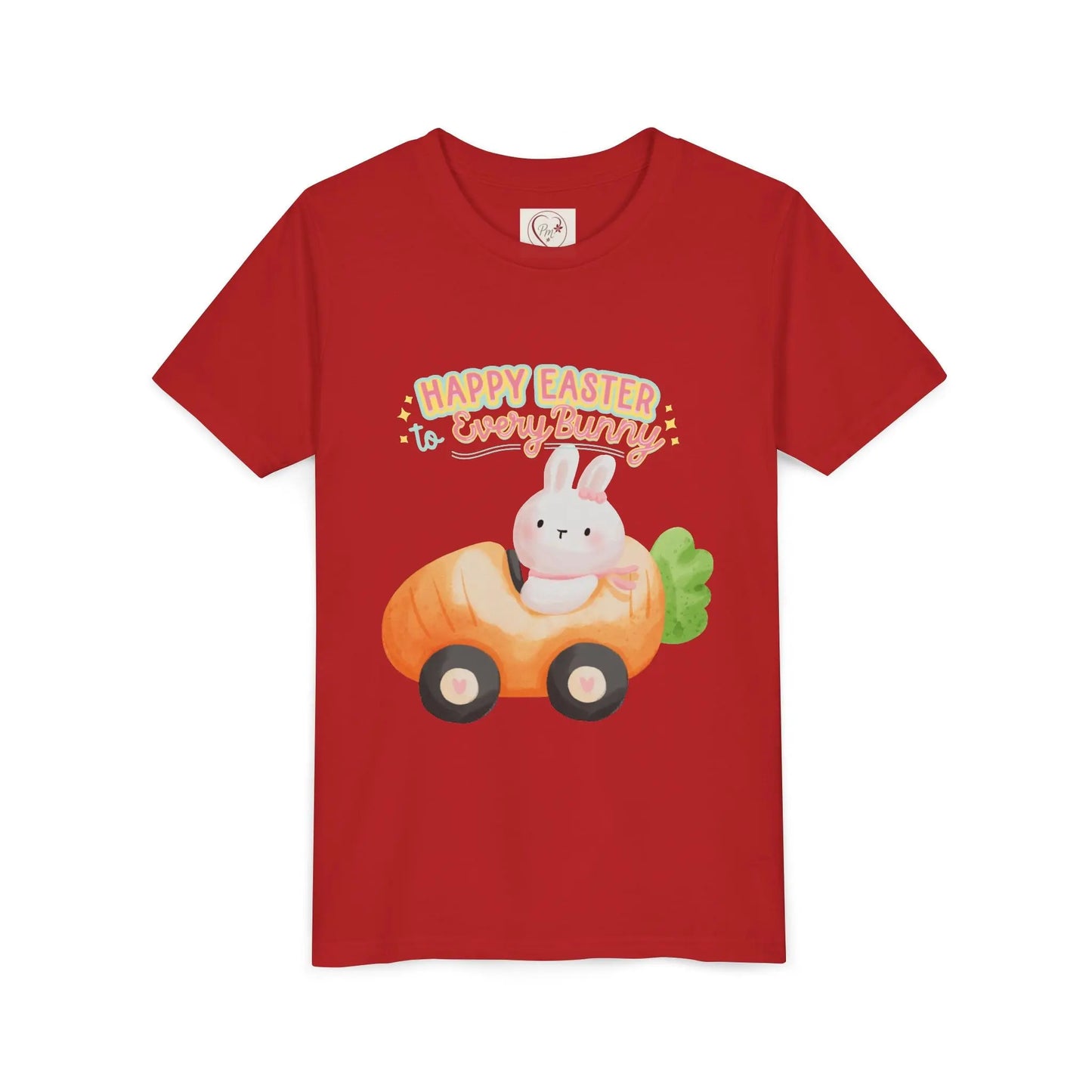   Adorable Easter tee with bunny riding a carrot car. Soft, lightweight cotton perfect for egg hunts & spring celebrations. Whimsical pastel design kids, Red