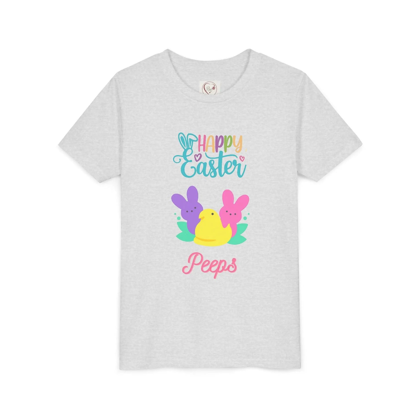  Adorable "Happy Easter Peeps" youth tee featuring pastel bunny and chick friends. Perfect for Easter celebrations, egg hunts, and spring festivities. Soft, comfortable kids' Easter shirt. Ash