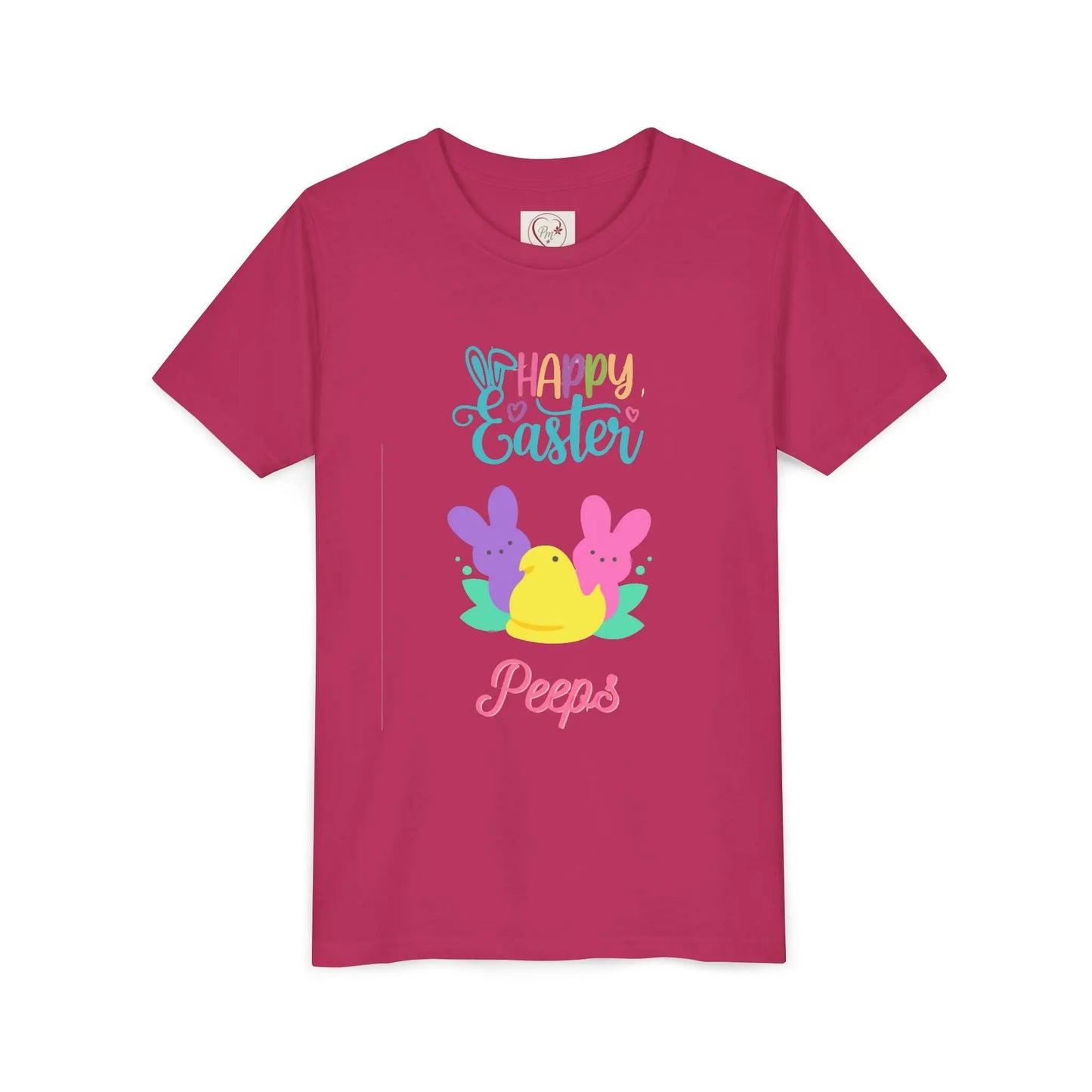  Adorable "Happy Easter Peeps" youth tee featuring pastel bunny and chick friends. Perfect for Easter celebrations, egg hunts, and spring festivities. Soft, comfortable kids' Easter shirt. Berry