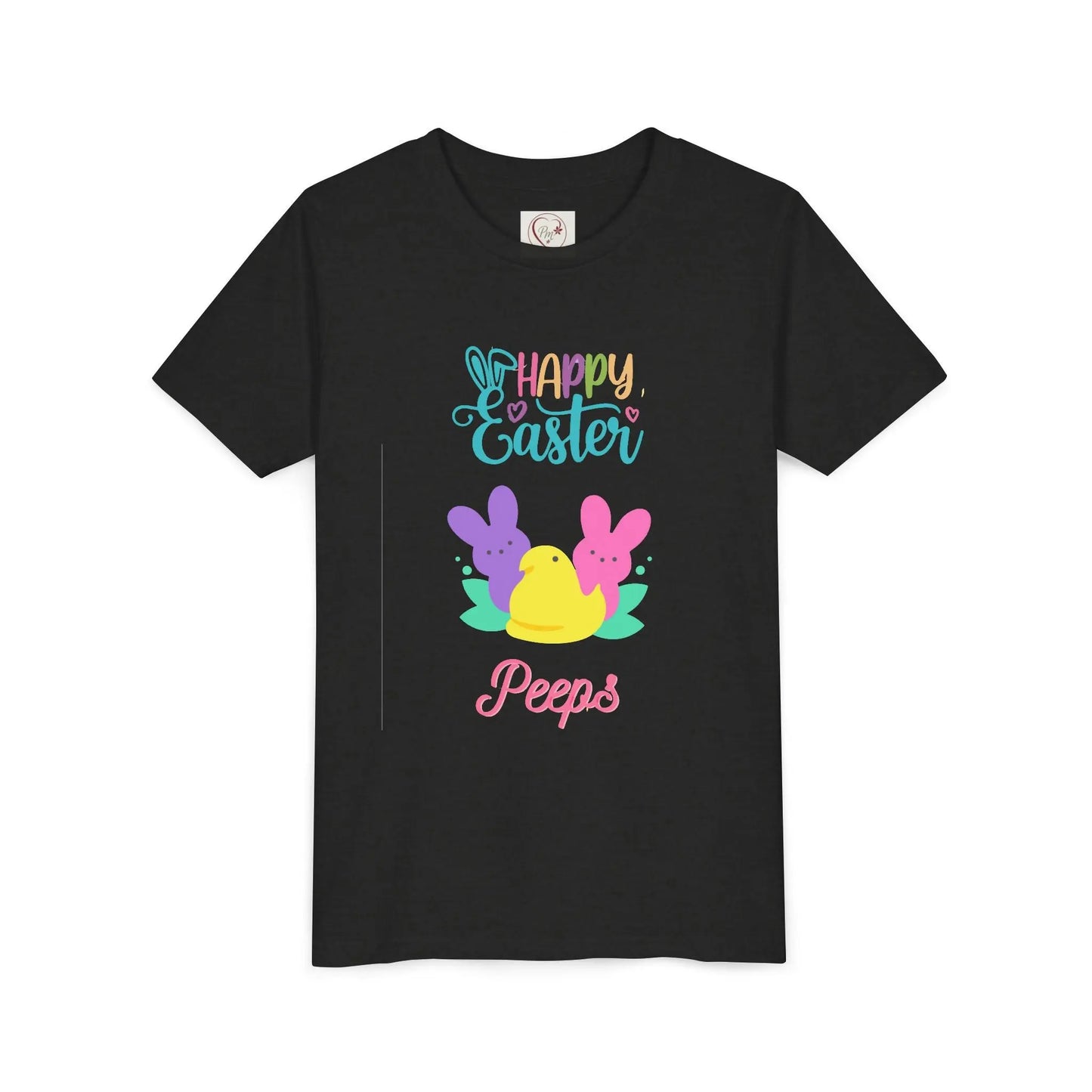  Adorable "Happy Easter Peeps" youth tee featuring pastel bunny and chick friends. Perfect for Easter celebrations, egg hunts, and spring festivities. Soft, comfortable kids' Easter shirt. Black Heather