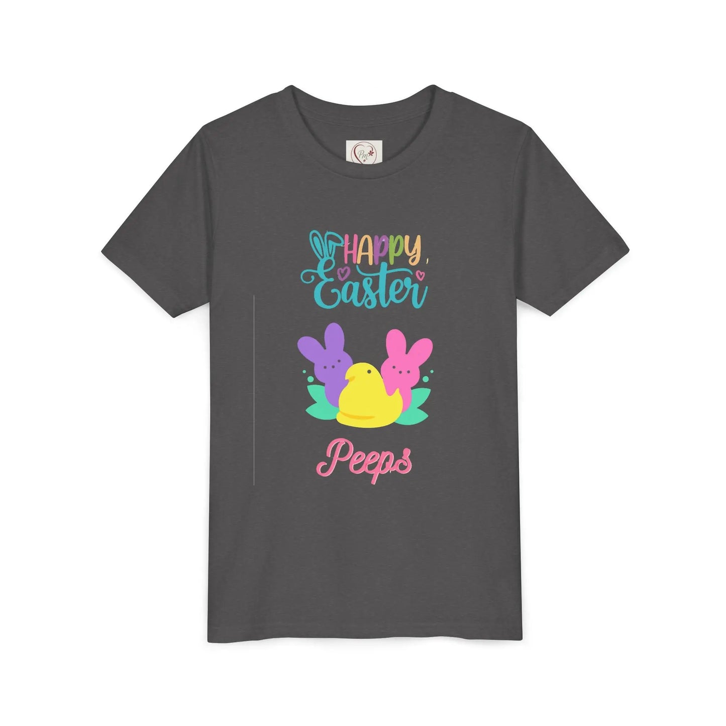  Adorable "Happy Easter Peeps" youth tee featuring pastel bunny and chick friends. Perfect for Easter celebrations, egg hunts, and spring festivities. Soft, comfortable kids' Easter shirt. Dark Heather Grey