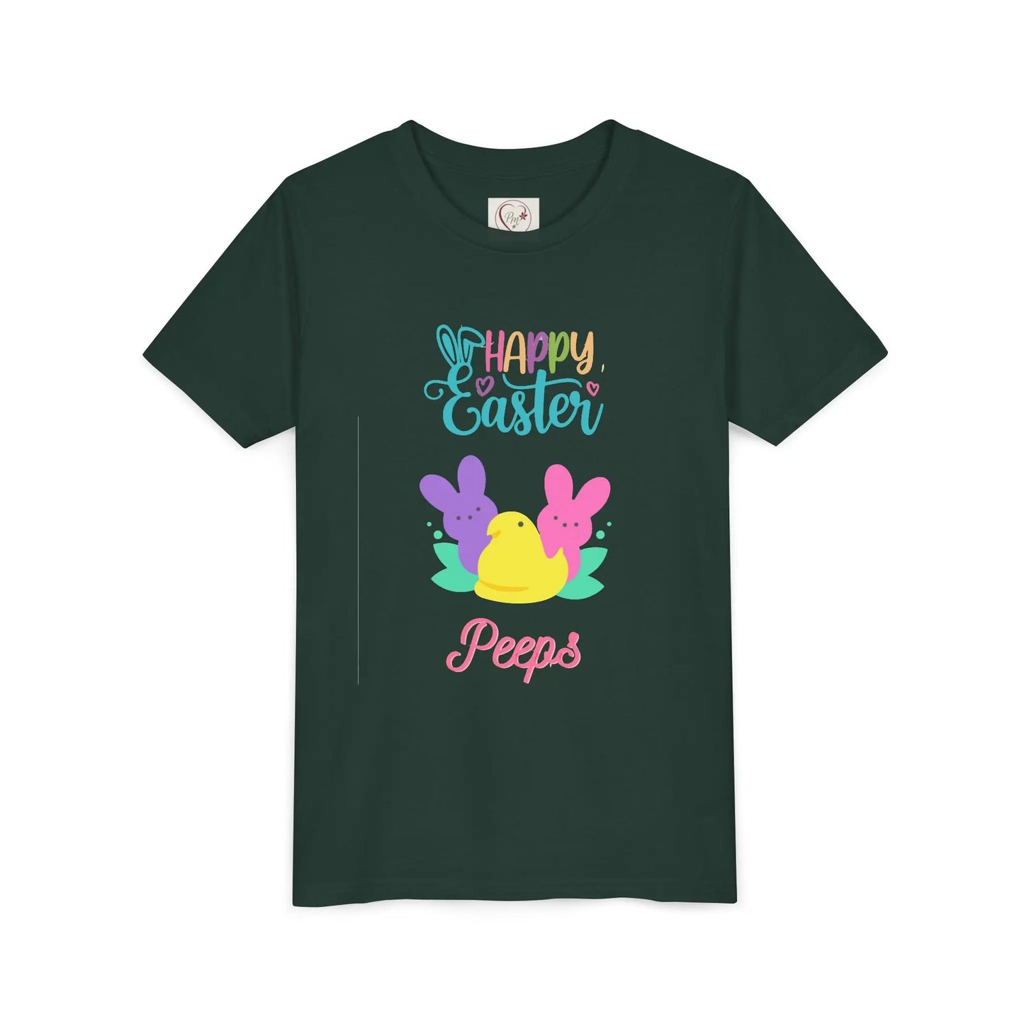  Adorable "Happy Easter Peeps" youth tee featuring pastel bunny and chick friends. Perfect for Easter celebrations, egg hunts, and spring festivities. Soft, comfortable kids' Easter shirt. Forest