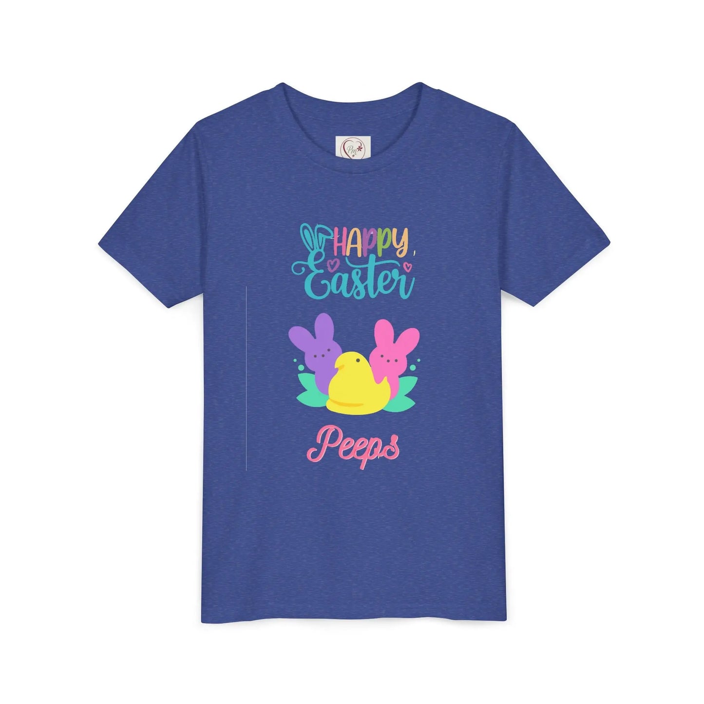  Adorable "Happy Easter Peeps" youth tee featuring pastel bunny and chick friends. Perfect for Easter celebrations, egg hunts, and spring festivities. Soft, comfortable kids' Easter shirt. Heather Columbia Blue