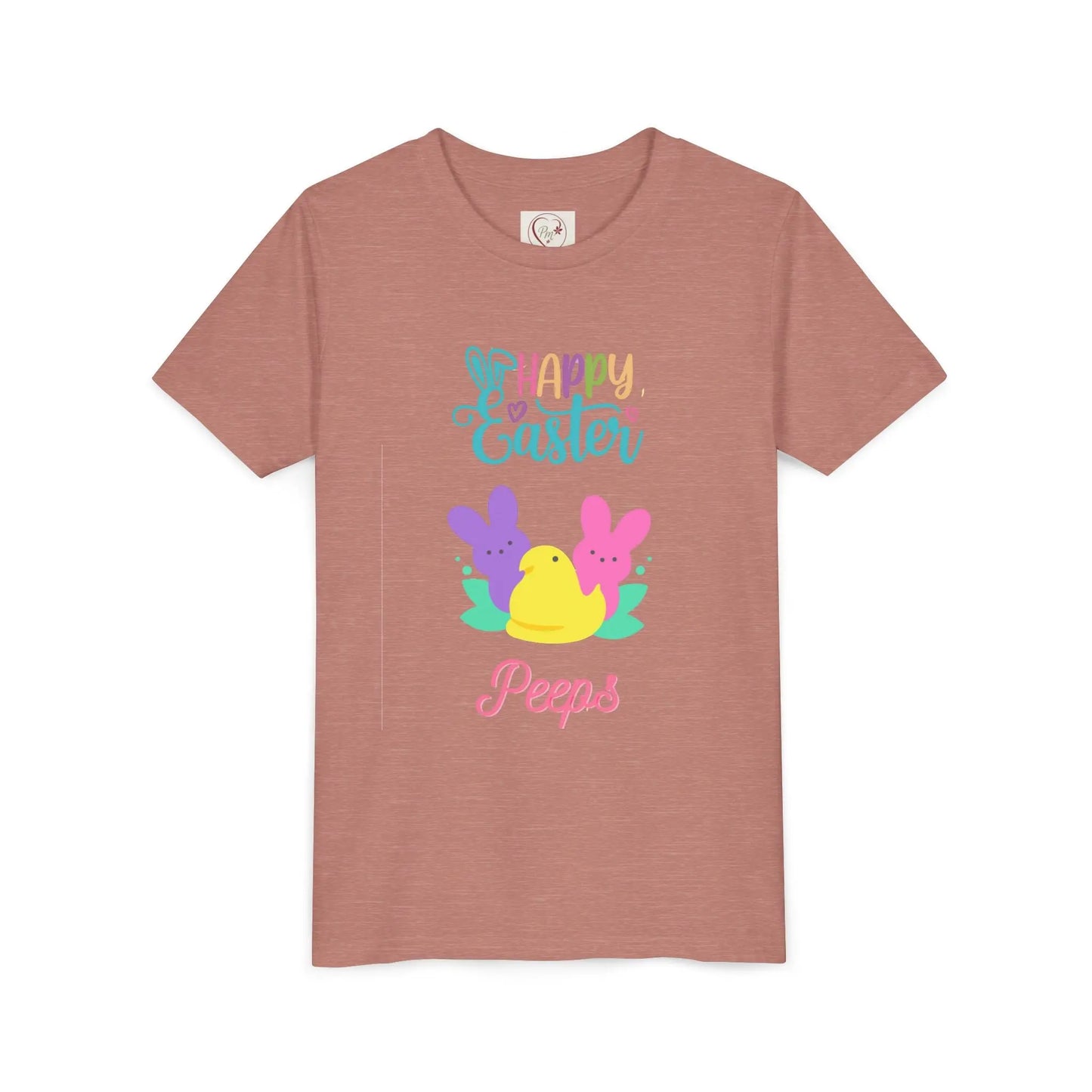  Adorable "Happy Easter Peeps" youth tee featuring pastel bunny and chick friends. Perfect for Easter celebrations, egg hunts, and spring festivities. Soft, comfortable kids' Easter shirt. Heather Mauve