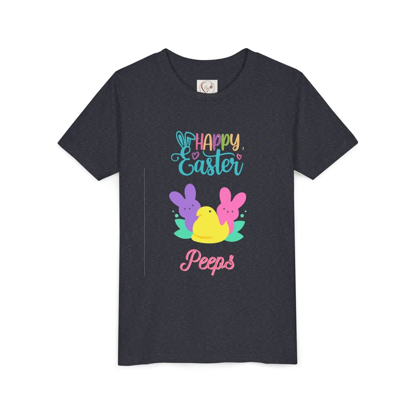  Adorable "Happy Easter Peeps" youth tee featuring pastel bunny and chick friends. Perfect for Easter celebrations, egg hunts, and spring festivities. Soft, comfortable kids' Easter shirt. Heather Navy
