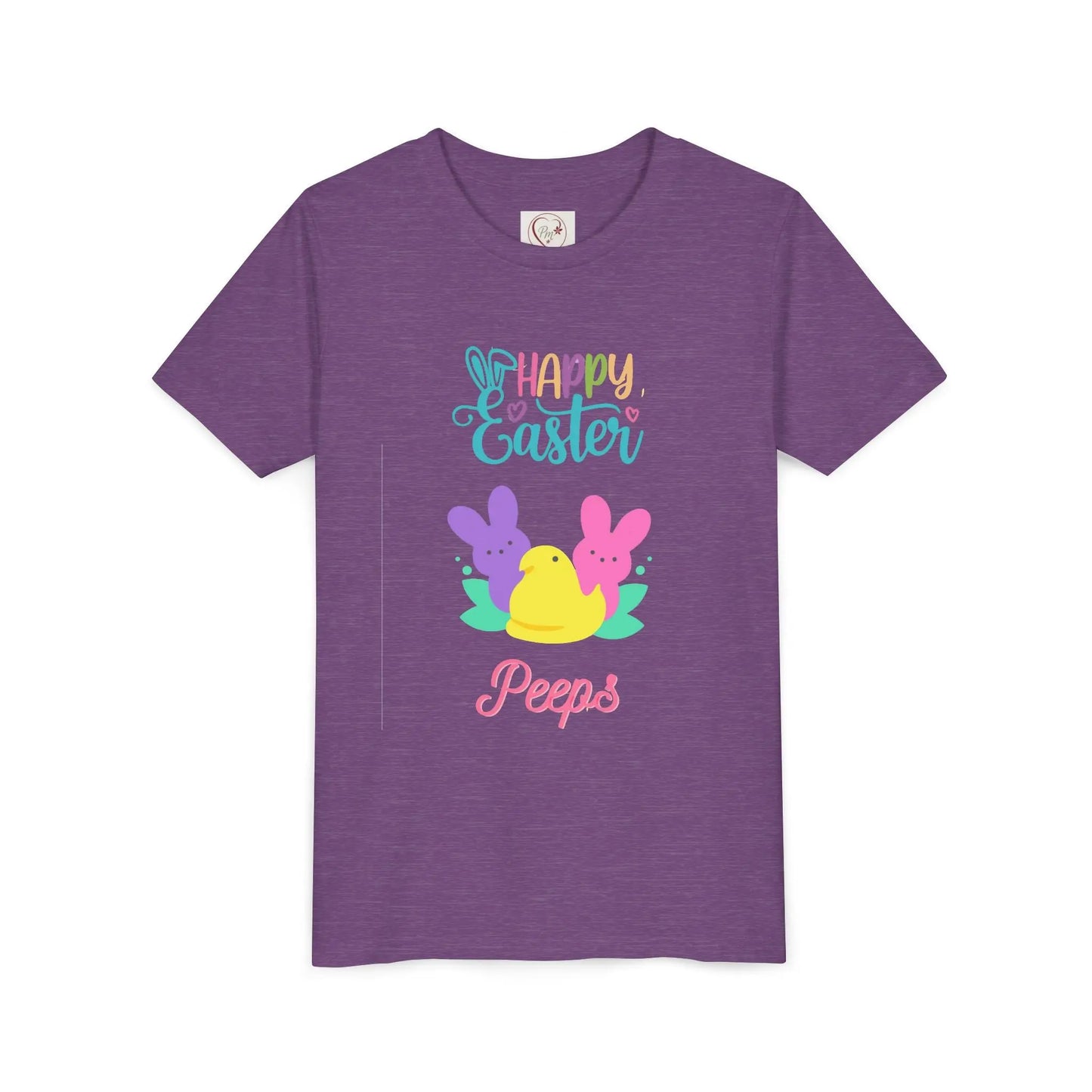  Adorable "Happy Easter Peeps" youth tee featuring pastel bunny and chick friends. Perfect for Easter celebrations, egg hunts, and spring festivities. Soft, comfortable kids' Easter shirt. Heather Team Purple