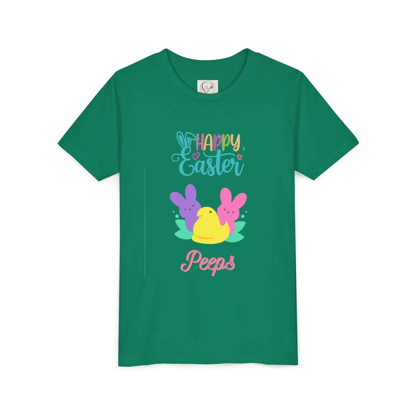  Adorable "Happy Easter Peeps" youth tee featuring pastel bunny and chick friends. Perfect for Easter celebrations, egg hunts, and spring festivities. Soft, comfortable kids' Easter shirt. Kelly Green