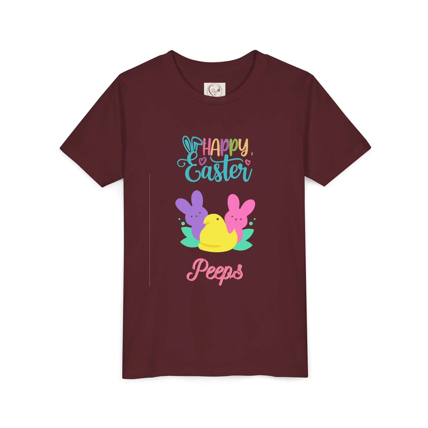  Adorable "Happy Easter Peeps" youth tee featuring pastel bunny and chick friends. Perfect for Easter celebrations, egg hunts, and spring festivities. Soft, comfortable kids' Easter shirt. Maroon
