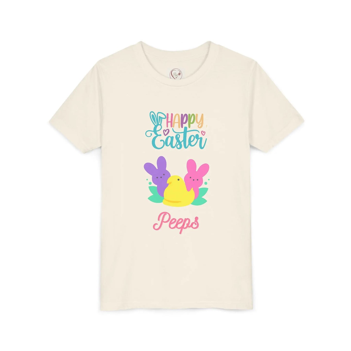  Adorable "Happy Easter Peeps" youth tee featuring pastel bunny and chick friends. Perfect for Easter celebrations, egg hunts, and spring festivities. Soft, comfortable kids' Easter shirt. Natural