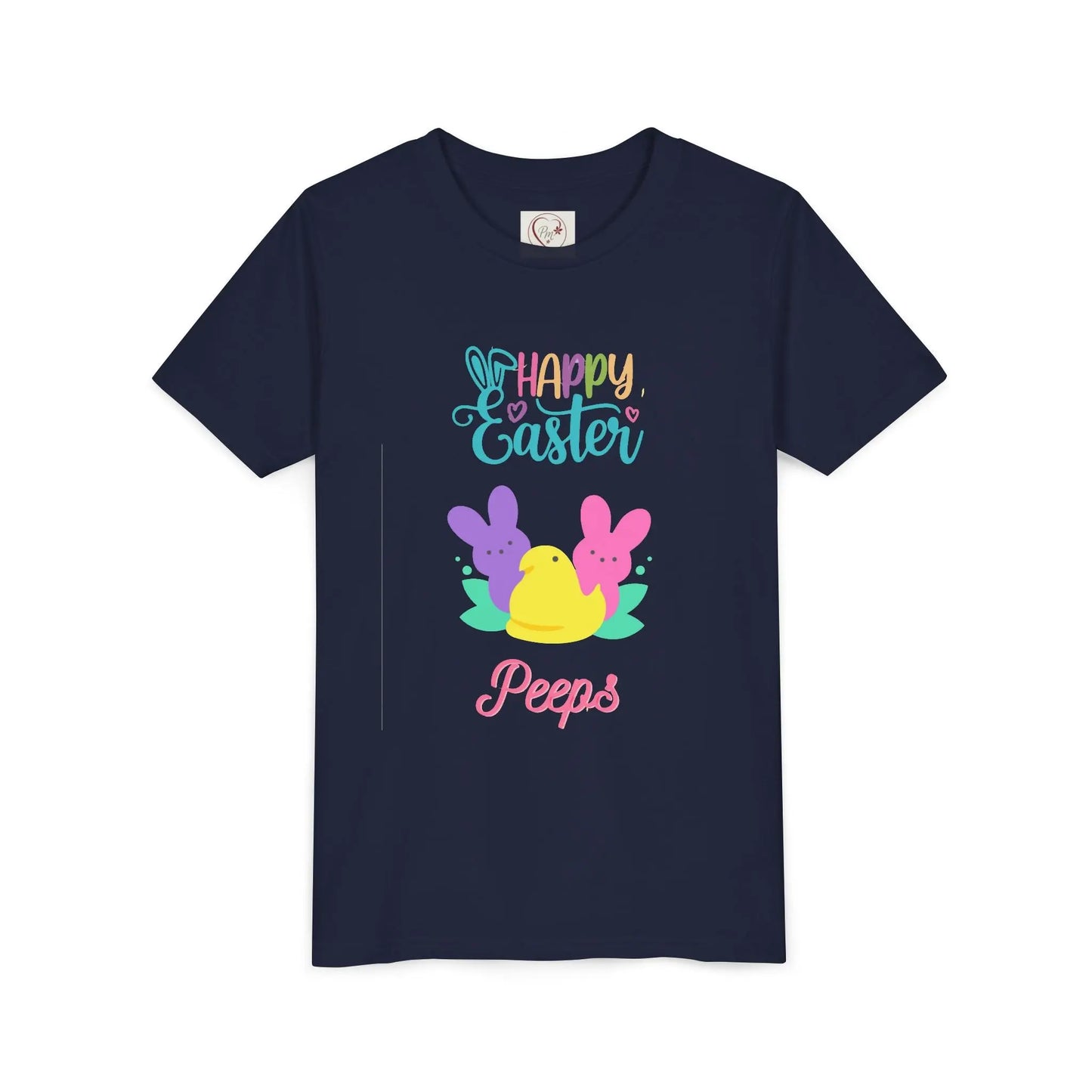  Adorable "Happy Easter Peeps" youth tee featuring pastel bunny and chick friends. Perfect for Easter celebrations, egg hunts, and spring festivities. Soft, comfortable kids' Easter shirt. Navy