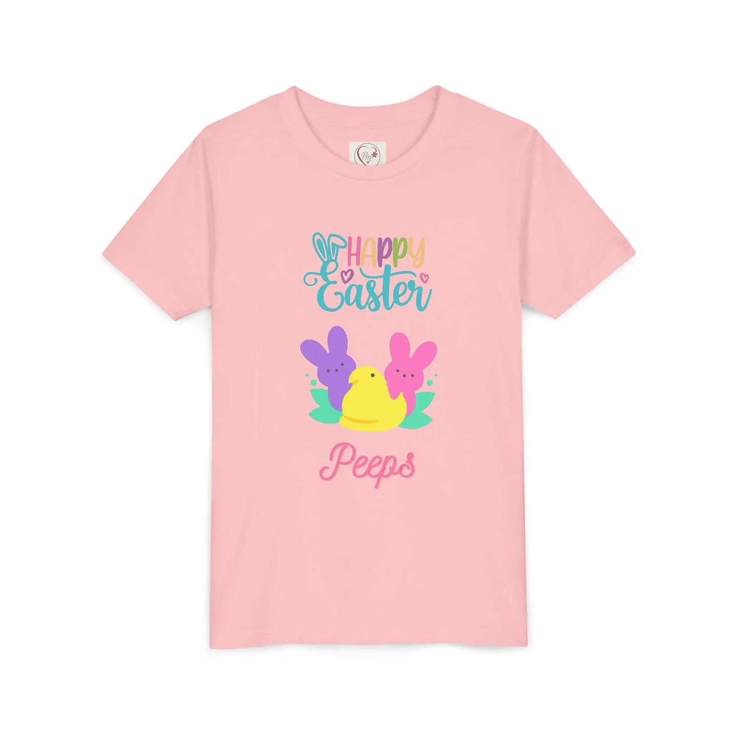  Adorable "Happy Easter Peeps" youth tee featuring pastel bunny and chick friends. Perfect for Easter celebrations, egg hunts, and spring festivities. Soft, comfortable kids' Easter shirt. Pink