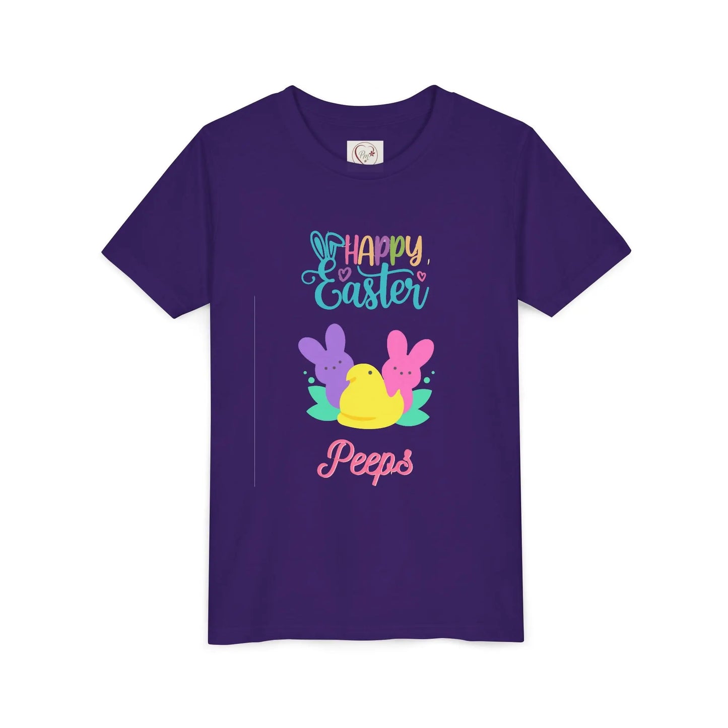  Adorable "Happy Easter Peeps" youth tee featuring pastel bunny and chick friends. Perfect for Easter celebrations, egg hunts, and spring festivities. Soft, comfortable kids' Easter shirt. Team Purple