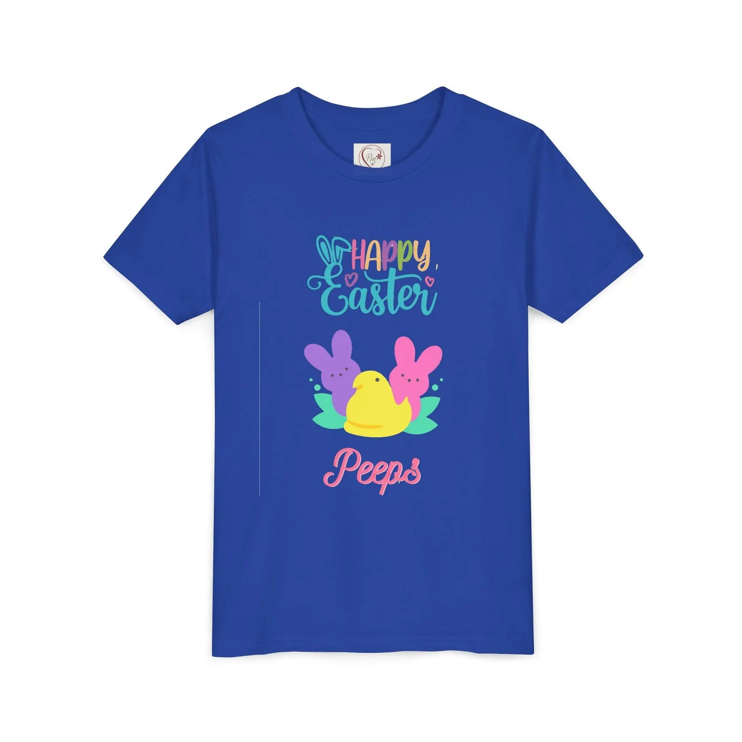  Adorable "Happy Easter Peeps" youth tee featuring pastel bunny and chick friends. Perfect for Easter celebrations, egg hunts, and spring festivities. Soft, comfortable kids' Easter shirt. True Royal