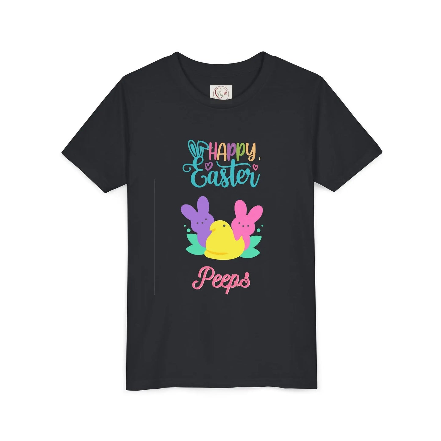  Adorable "Happy Easter Peeps" youth tee featuring pastel bunny and chick friends. Perfect for Easter celebrations, egg hunts, and spring festivities. Soft, comfortable kids' Easter shirt. Vintage Black