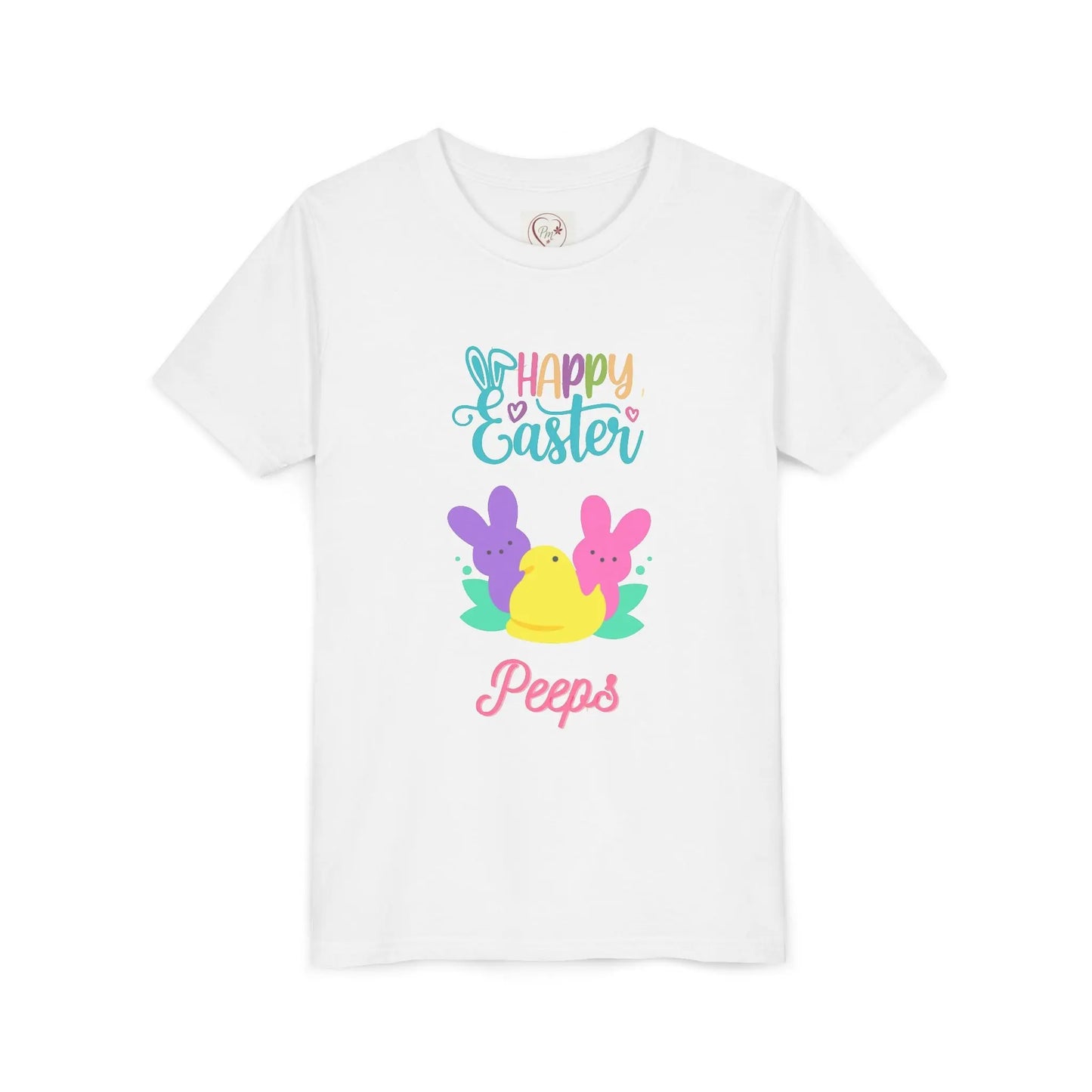  Adorable "Happy Easter Peeps" youth tee featuring pastel bunny and chick friends. Perfect for Easter celebrations, egg hunts, and spring festivities. Soft, comfortable kids' Easter shirt. White