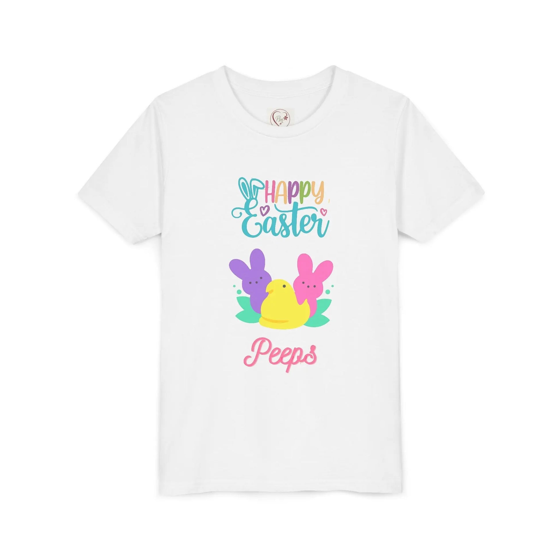  Adorable "Happy Easter Peeps" youth tee featuring pastel bunny and chick friends. Perfect for Easter celebrations, egg hunts, and spring festivities. Soft, comfortable kids' Easter shirt. White