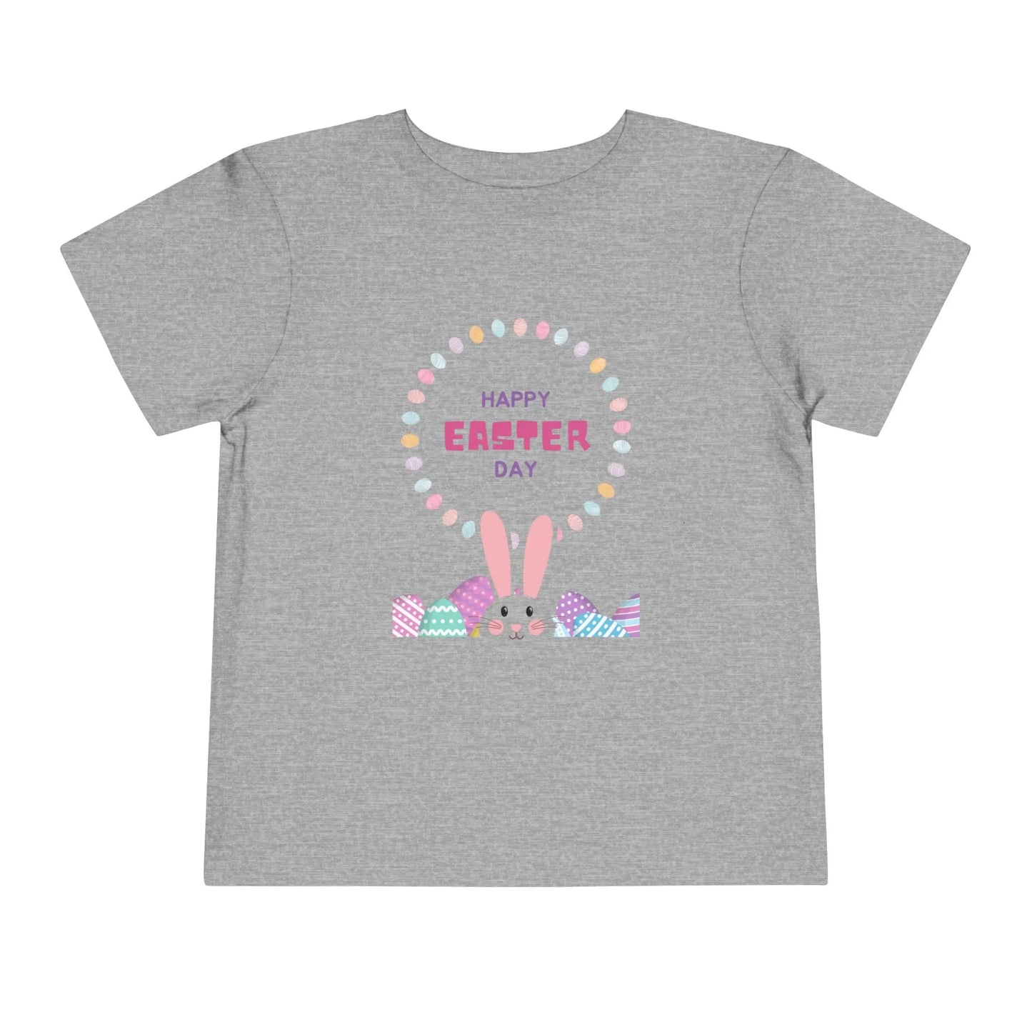 Soft cotton toddler tee perfect for Easter egg hunts, church, and spring celebrations. Cheerful bunny and egg design. Comfortable and cute. Sizes 2T-5T. Athletic Heather
