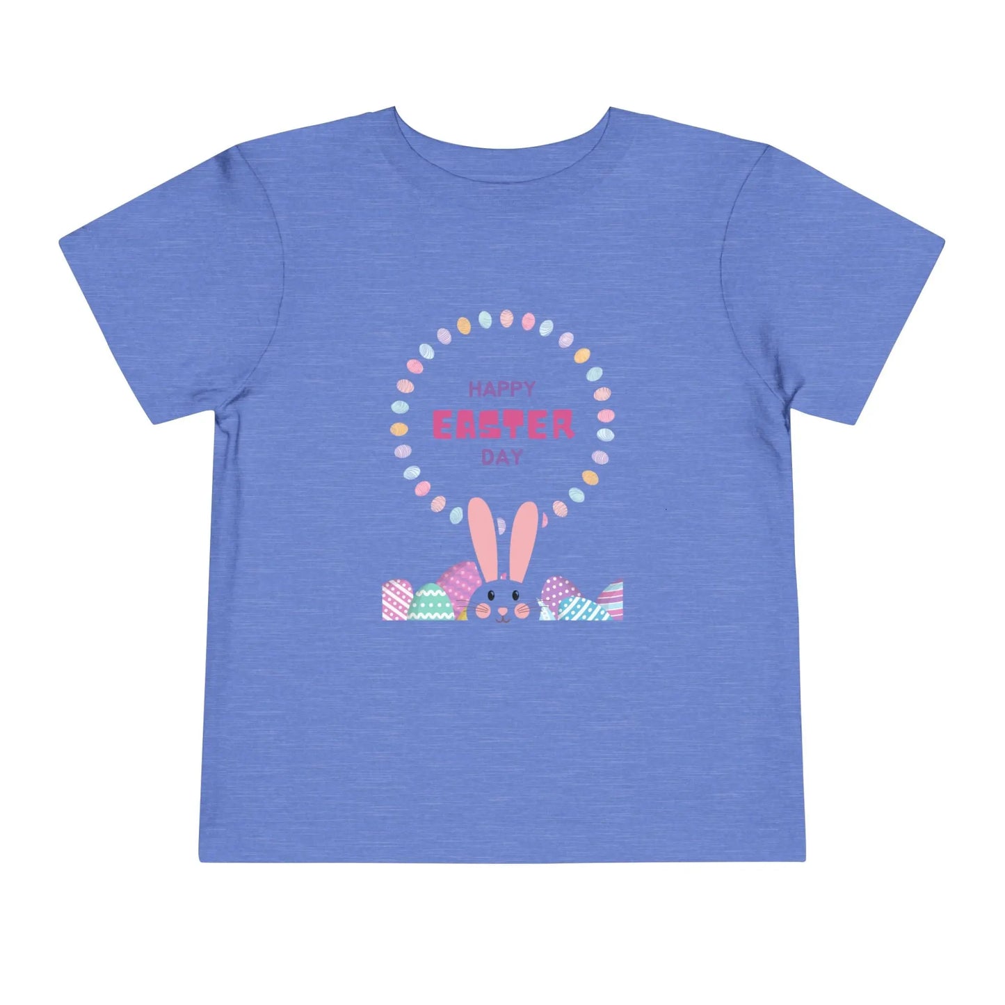 Soft cotton toddler tee perfect for Easter egg hunts, church, and spring celebrations. Cheerful bunny and egg design. Comfortable and cute. Sizes 2T-5T. Heather Columbia Blue

