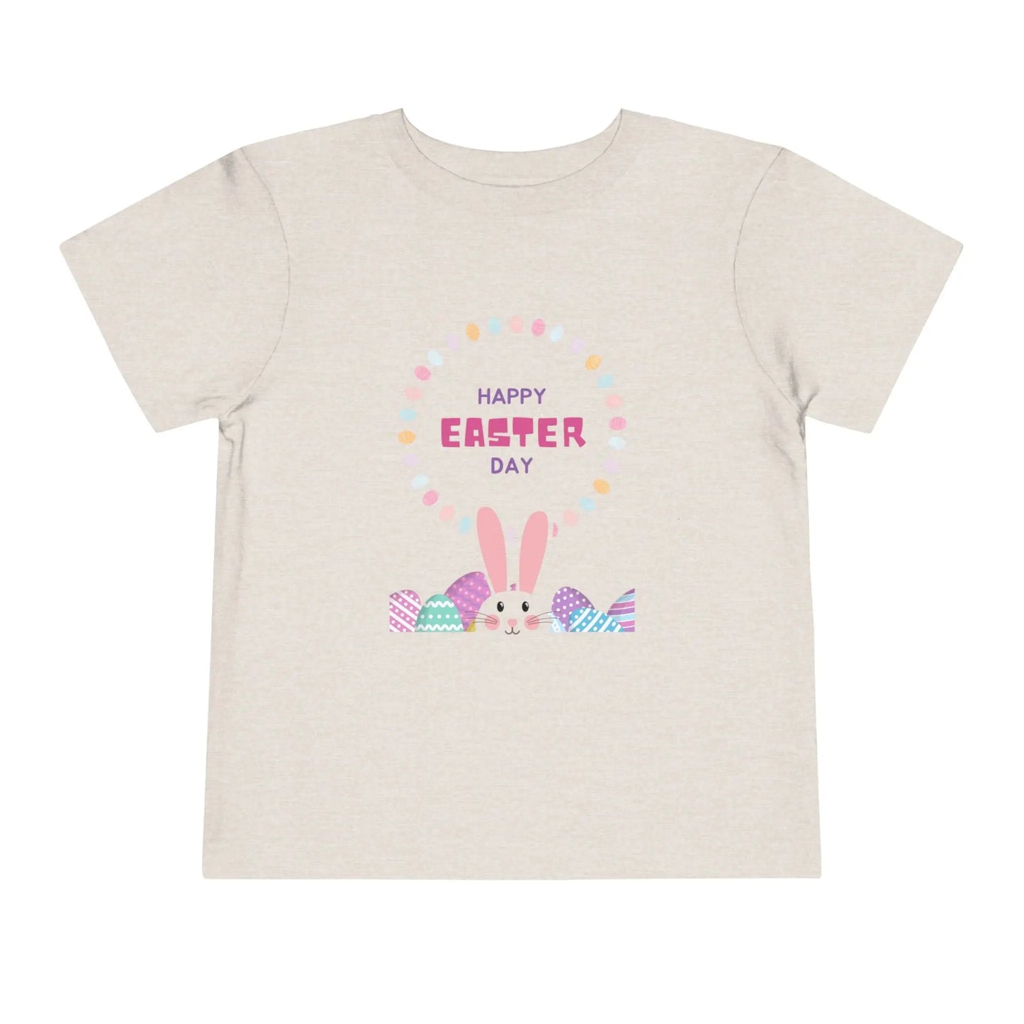 Soft cotton toddler tee perfect for Easter egg hunts, church, and spring celebrations. Cheerful bunny and egg design. Comfortable and cute. Sizes 2T-5T. Heather Dust