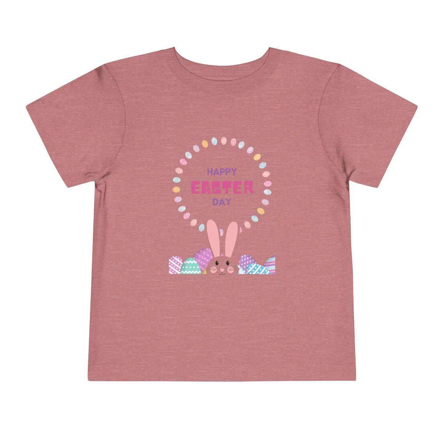 Soft cotton toddler tee perfect for Easter egg hunts, church, and spring celebrations. Cheerful bunny and egg design. Comfortable and cute. Sizes 2T-5T. Heather Mauve