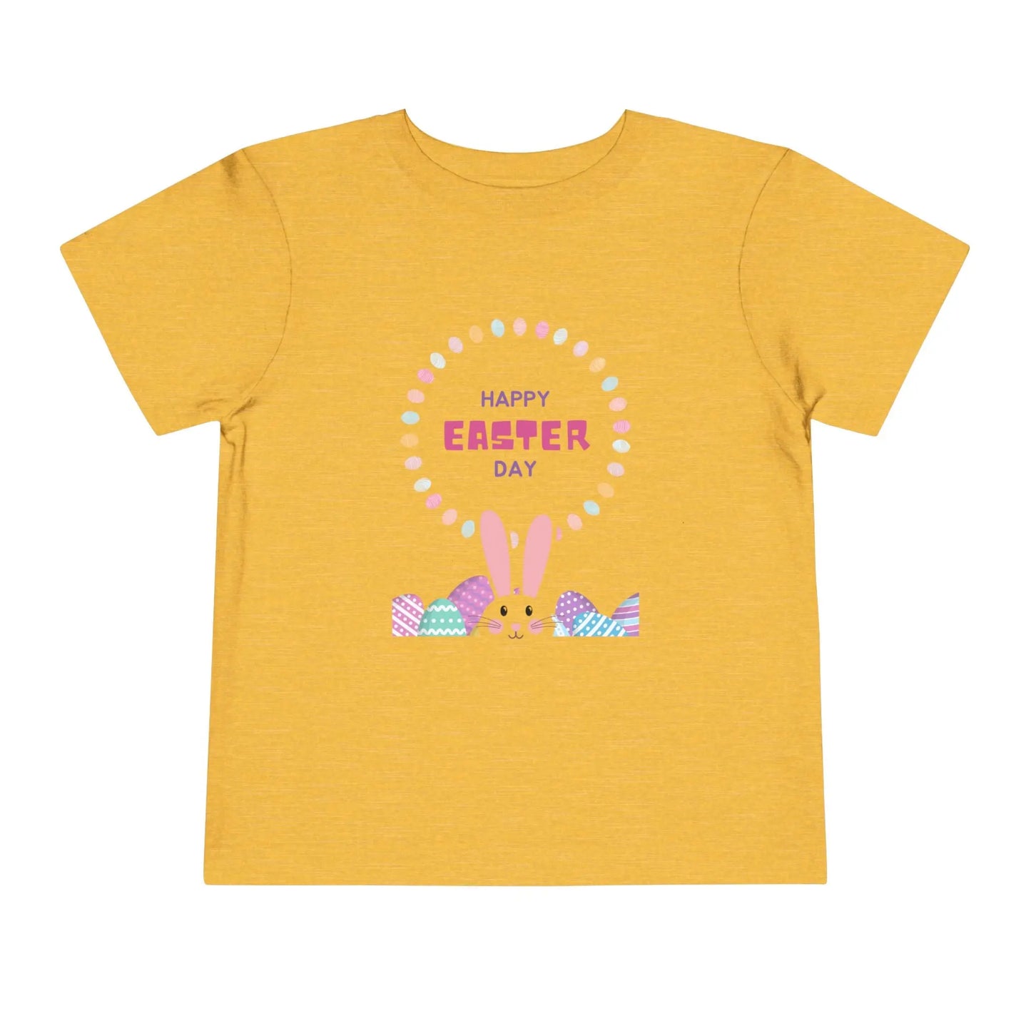 Soft cotton toddler tee perfect for Easter egg hunts, church, and spring celebrations. Cheerful bunny and egg design. Comfortable and cute. Sizes 2T-5T. Heather Yellow Gold
