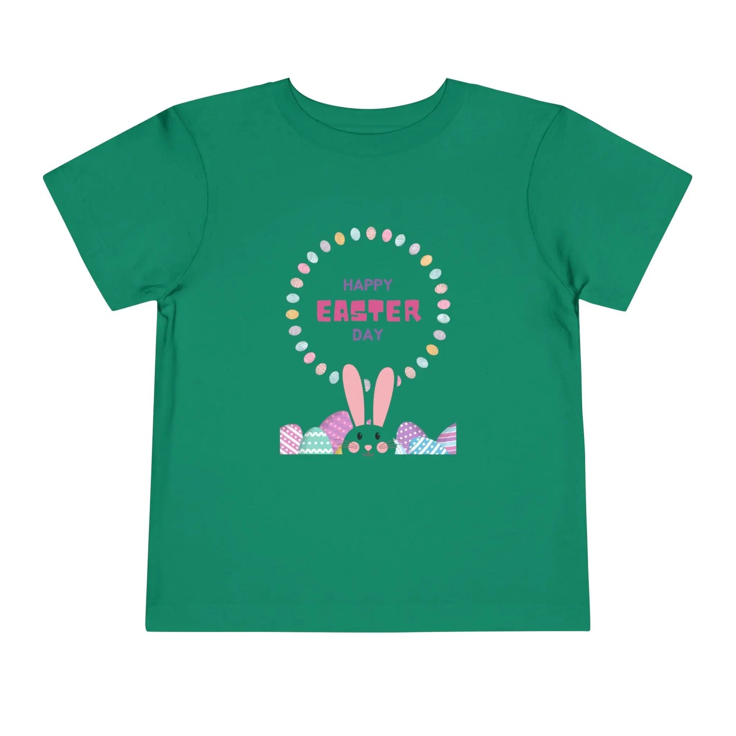 Soft cotton toddler tee perfect for Easter egg hunts, church, and spring celebrations. Cheerful bunny and egg design. Comfortable and cute. Sizes 2T-5T. Kelly Green
