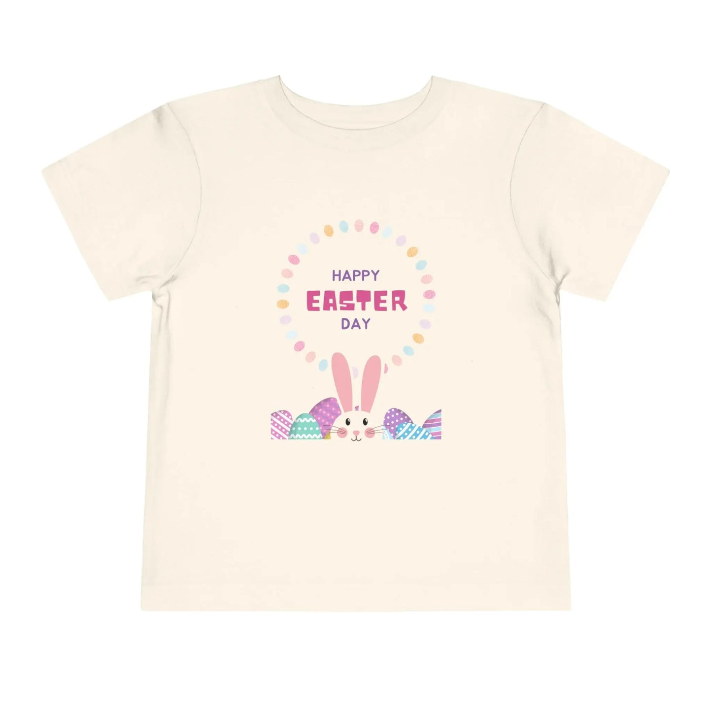 Soft cotton toddler tee perfect for Easter egg hunts, church, and spring celebrations. Cheerful bunny and egg design. Comfortable and cute. Sizes 2T-5T. Natural
