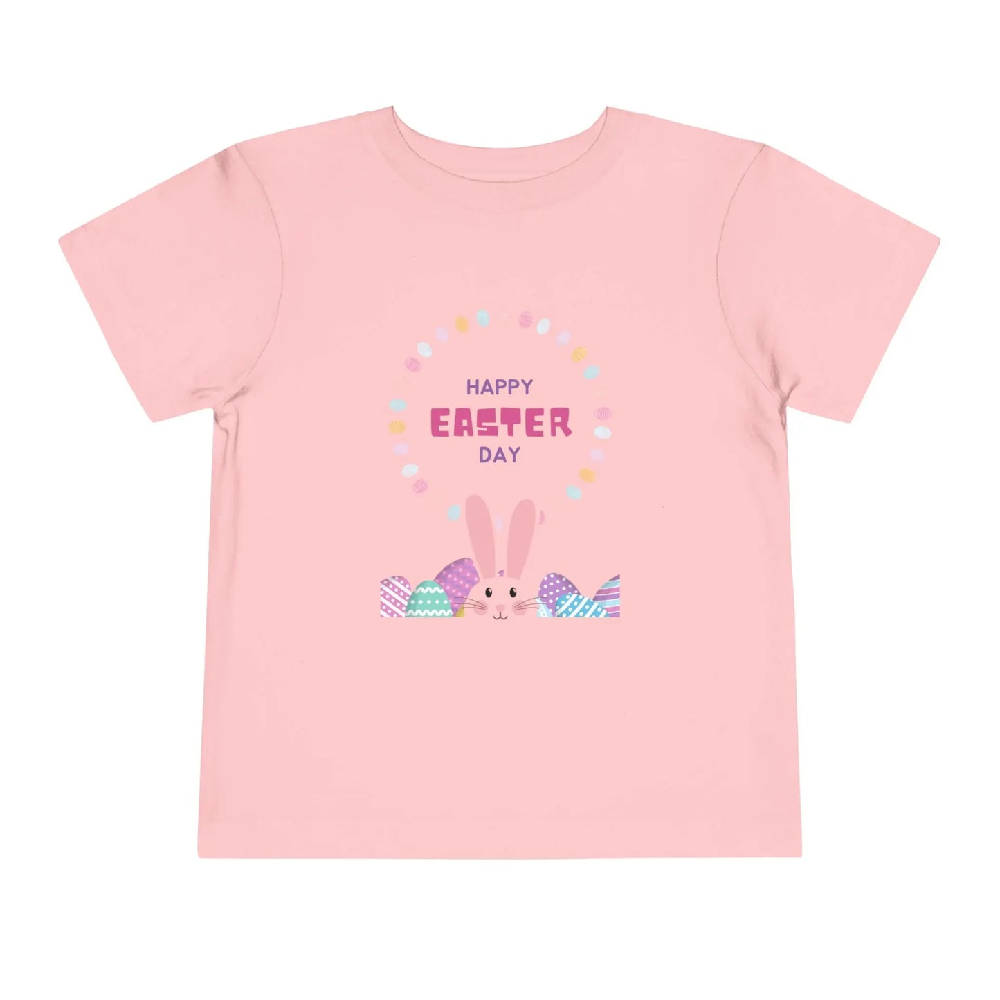 Soft cotton toddler tee perfect for Easter egg hunts, church, and spring celebrations. Cheerful bunny and egg design. Comfortable and cute. Sizes 2T-5T. Pink
