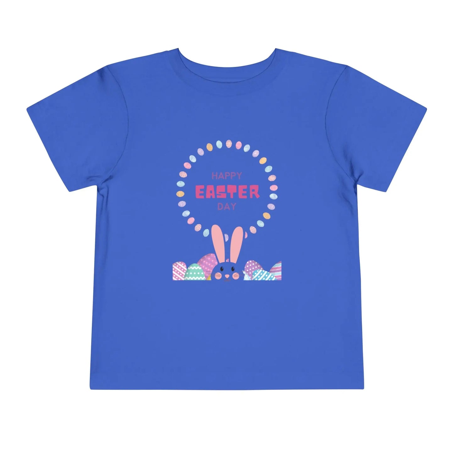 Soft cotton toddler tee perfect for Easter egg hunts, church, and spring celebrations. Cheerful bunny and egg design. Comfortable and cute. Sizes 2T-5T. True Royal
