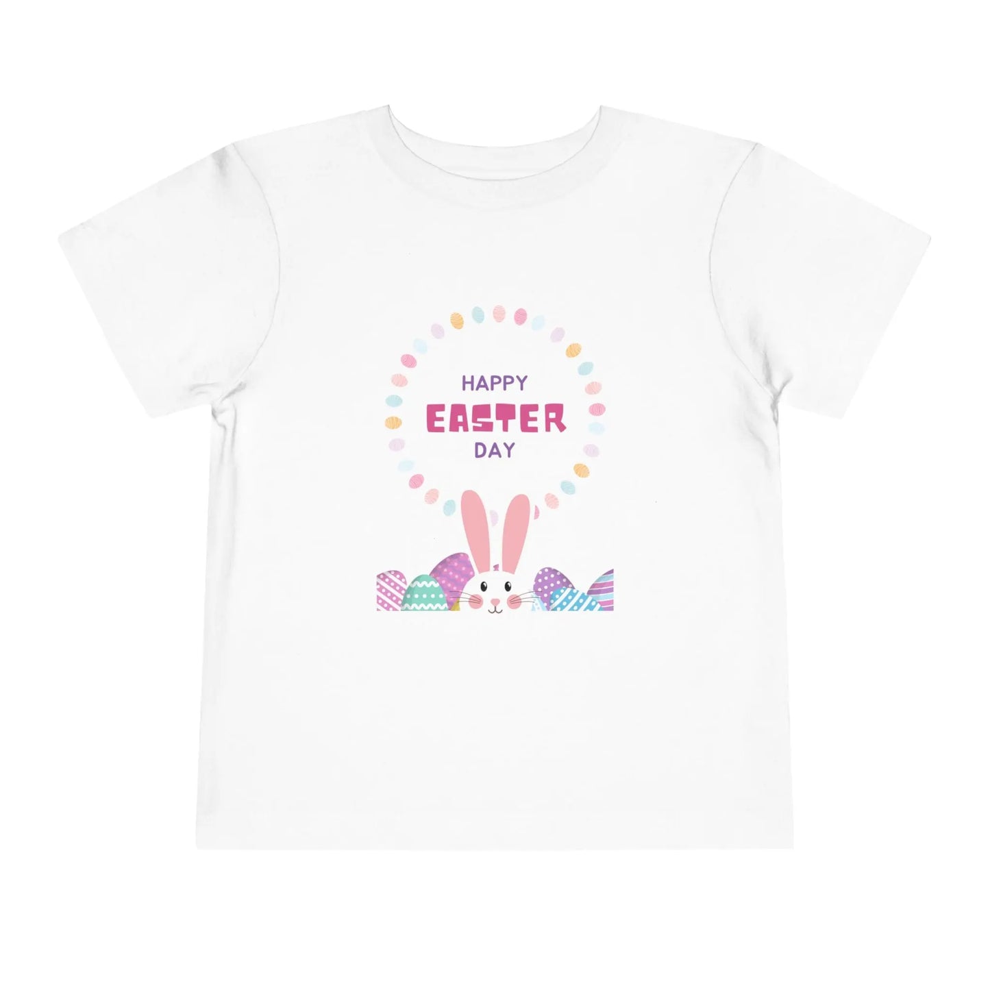 Soft cotton toddler tee perfect for Easter egg hunts, church, and spring celebrations. Cheerful bunny and egg design. Comfortable and cute. Sizes 2T-5T. White
