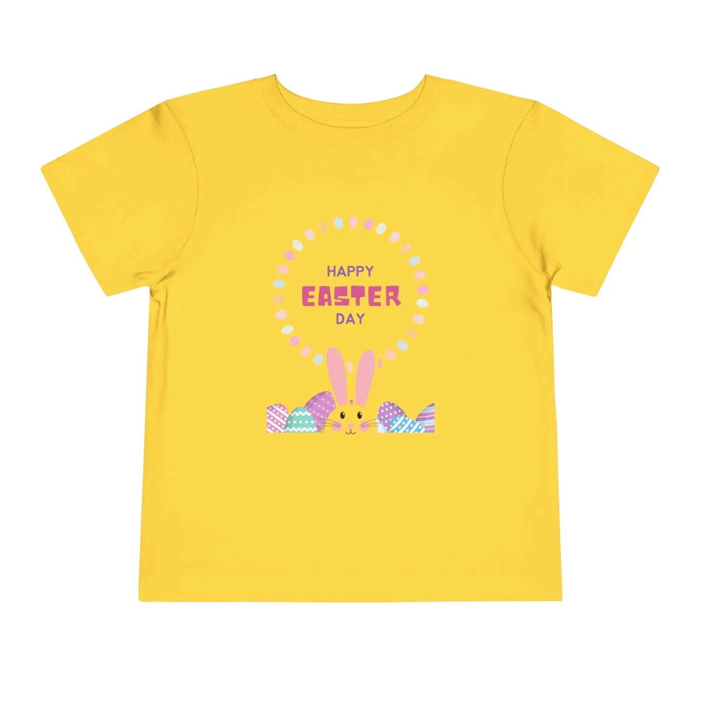 Soft cotton toddler tee perfect for Easter egg hunts, church, and spring celebrations. Cheerful bunny and egg design. Comfortable and cute. Sizes 2T-5T. Yellow