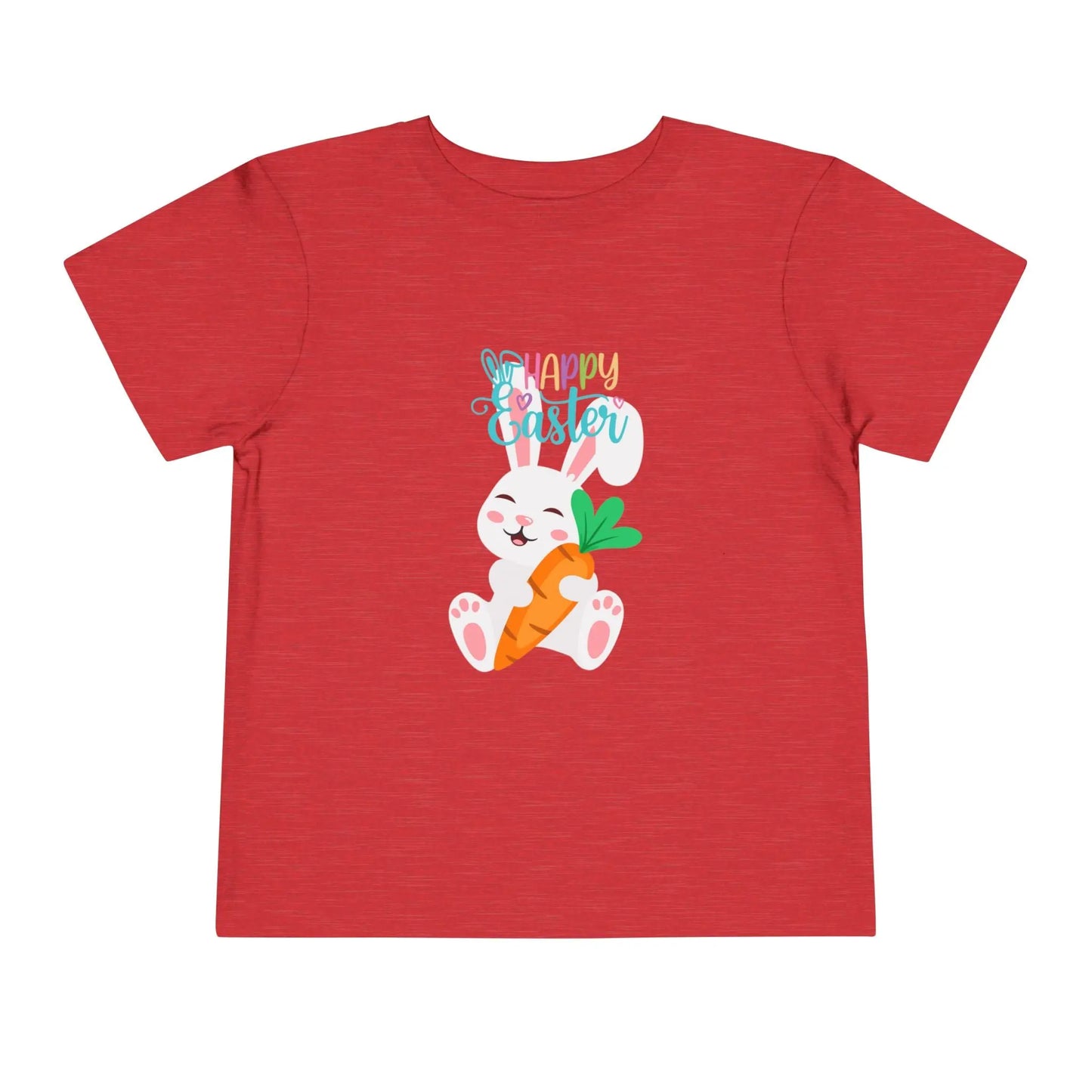 Soft cotton toddler tee with sleepy bunny holding carrot and Happy Easter lettering. Perfect for egg hunts and spring celebrations. Sizes 2T-5T.
Heather Red