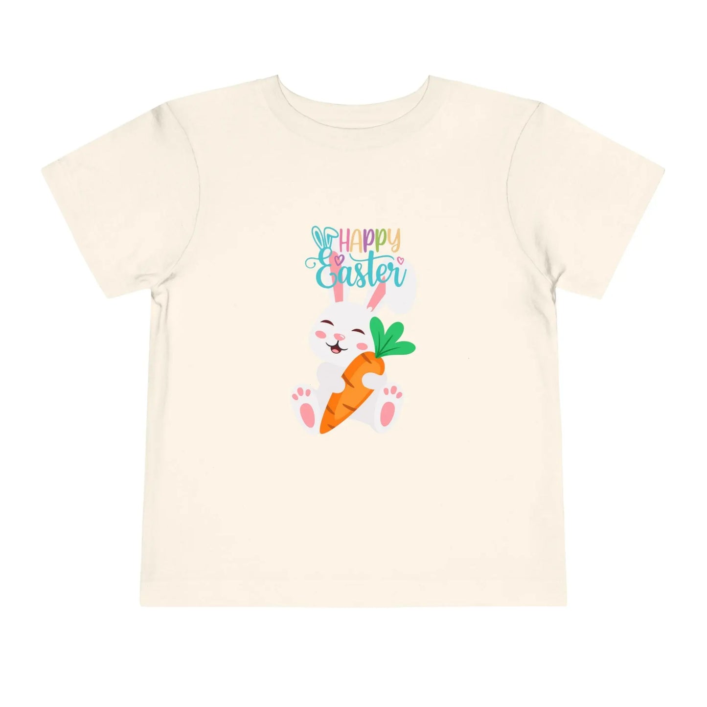 Soft cotton toddler tee with sleepy bunny holding carrot and Happy Easter lettering. Perfect for egg hunts and spring celebrations. Sizes 2T-5T.
Natural