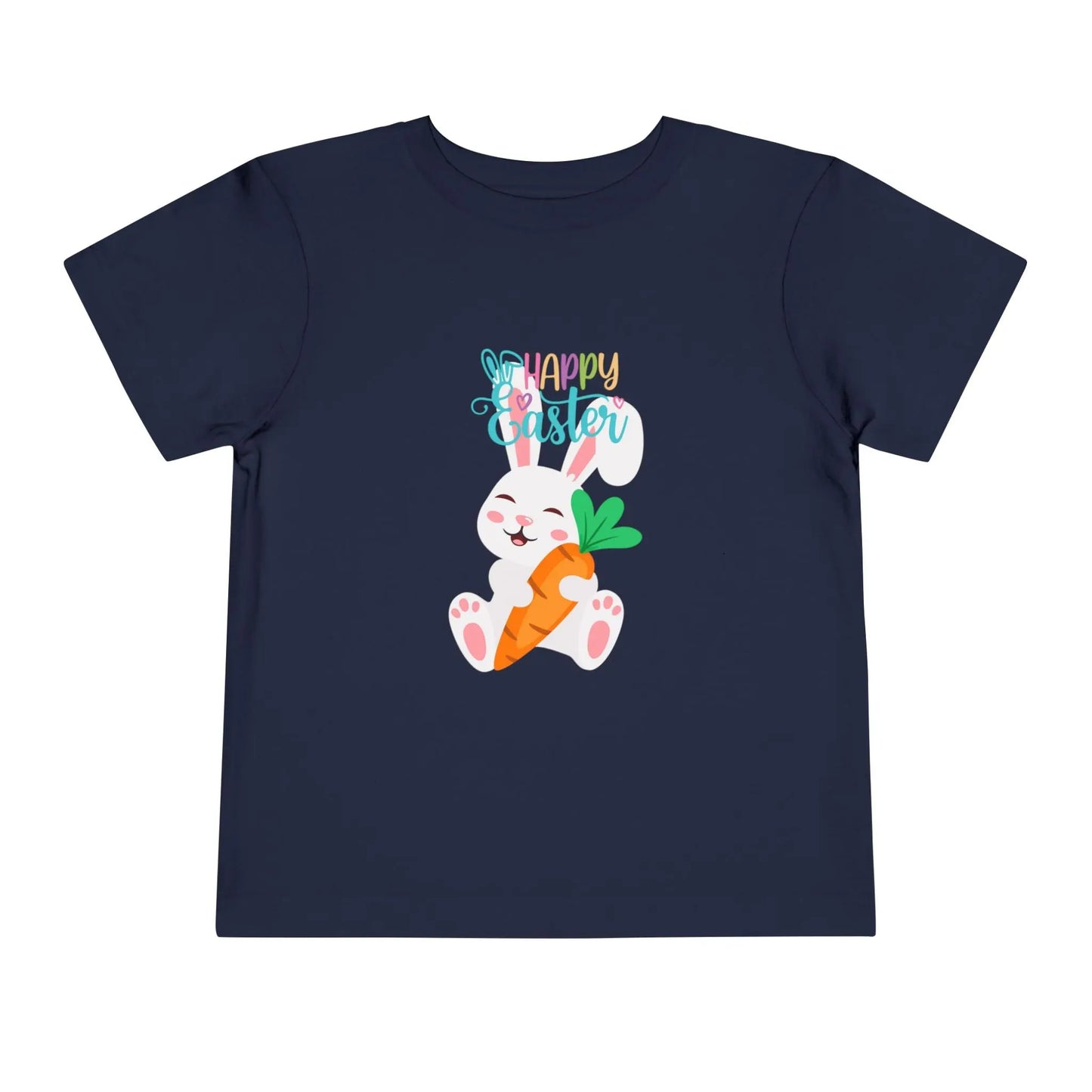 Soft cotton toddler tee with sleepy bunny holding carrot and Happy Easter lettering. Perfect for egg hunts and spring celebrations. Sizes 2T-5T.
Navy
