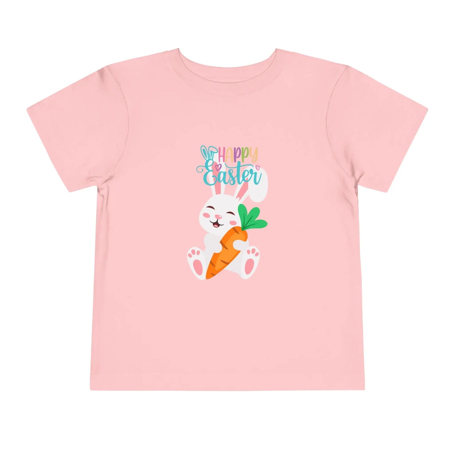 Soft cotton toddler tee with sleepy bunny holding carrot and Happy Easter lettering. Perfect for egg hunts and spring celebrations. Sizes 2T-5T.
Pink