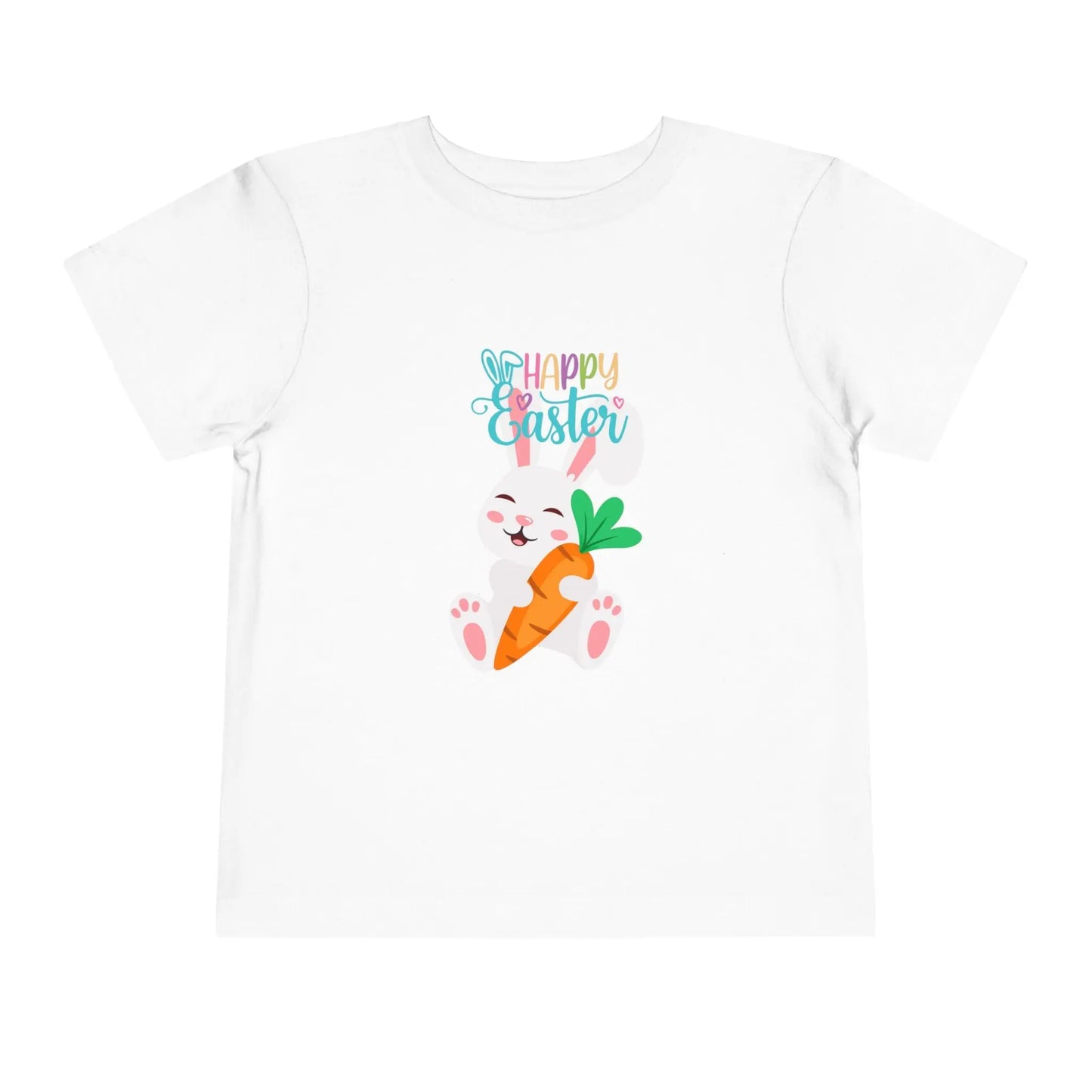 Soft cotton toddler tee with sleepy bunny holding carrot and Happy Easter lettering. Perfect for egg hunts and spring celebrations. Sizes 2T-5T.
White