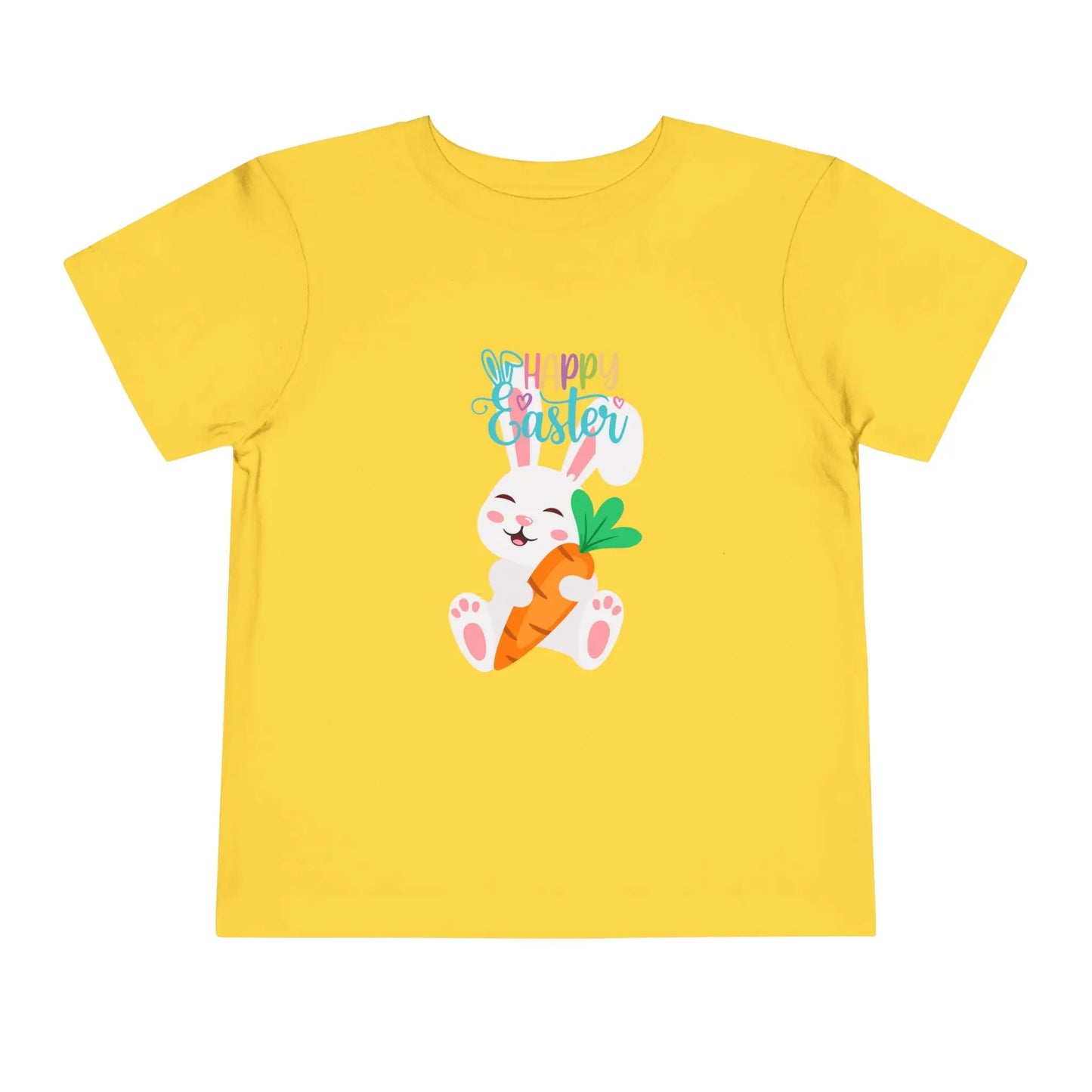 Soft cotton toddler tee with sleepy bunny holding carrot and Happy Easter lettering. Perfect for egg hunts and spring celebrations. Sizes 2T-5T.
Yellow