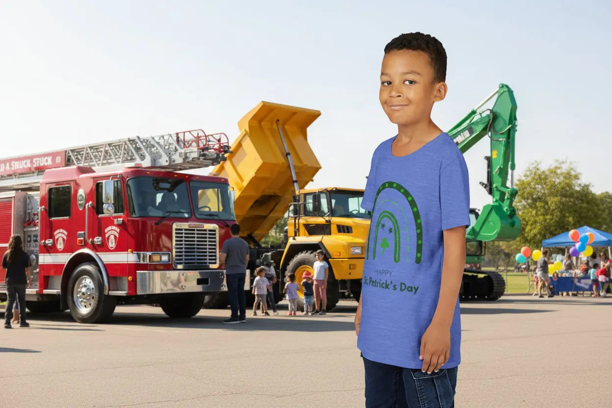Youth wearing Happy St. Patrick's Day tee with rainbow and shamrock design
Heather True Royal
