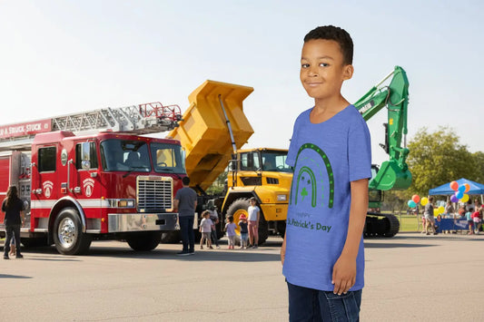 Youth wearing Happy St. Patrick's Day tee with rainbow and shamrock design
Heather True Royal