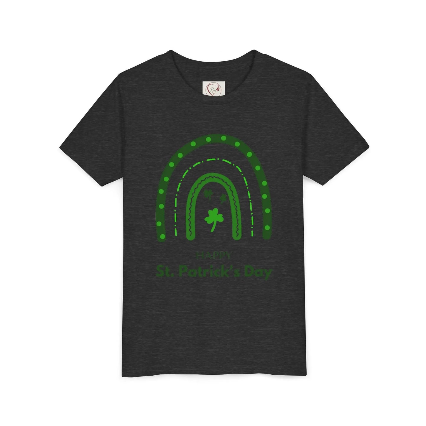 Celebrate St. Patrick's Day with this vibrant rainbow shamrock youth tee. Eye-catching design perfect for parades, parties & Irish pride all March long. Dark Grey Heather