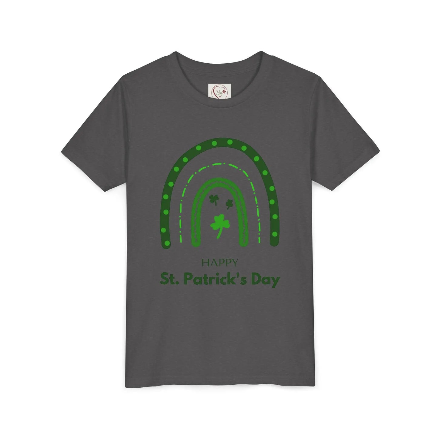Celebrate St. Patrick's Day with this vibrant rainbow shamrock youth tee. Eye-catching design perfect for parades, parties & Irish pride all March long. Dark Heather Grey