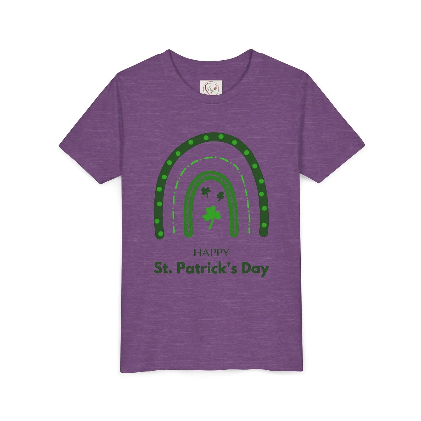 Celebrate St. Patrick's Day with this vibrant rainbow shamrock youth tee. Eye-catching design perfect for parades, parties & Irish pride all March long. Heather Team Purple