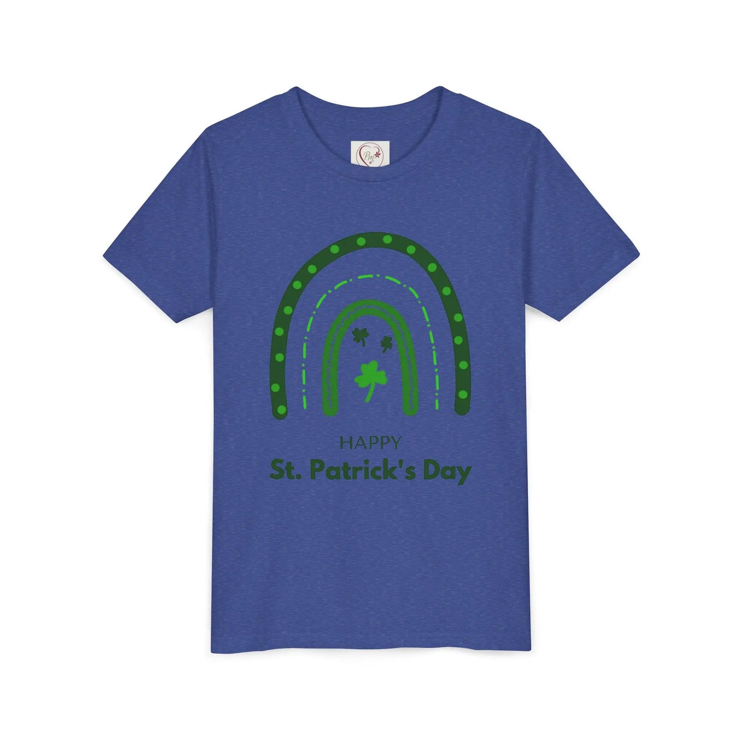 Celebrate St. Patrick's Day with this vibrant rainbow shamrock youth tee. Eye-catching design perfect for parades, parties & Irish pride all March long. Heather True Royal