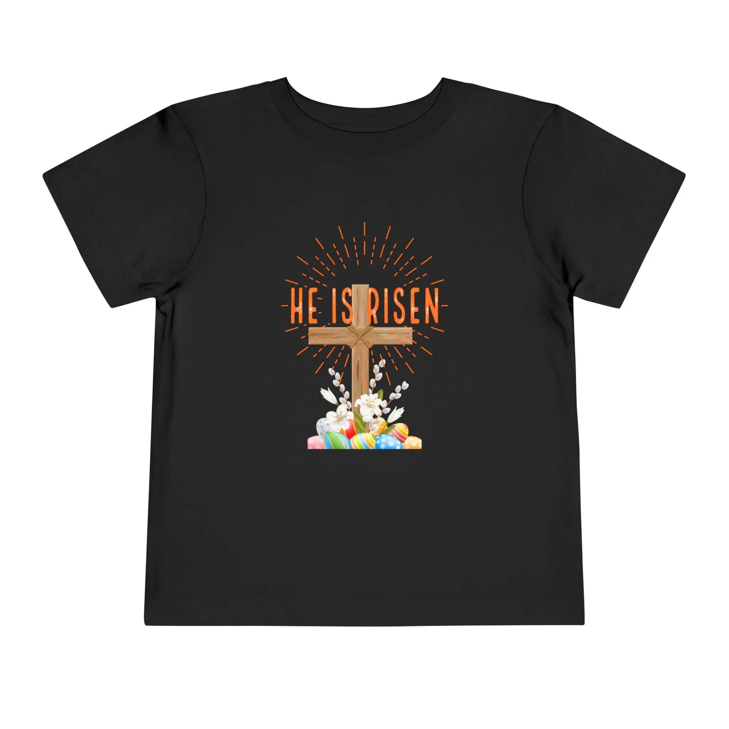 Soft toddler Easter tee with "He Is Risen" cross & pastel eggs. Perfect for church, egg hunts & family photos. Lightweight cotton for comfort & faith. Black